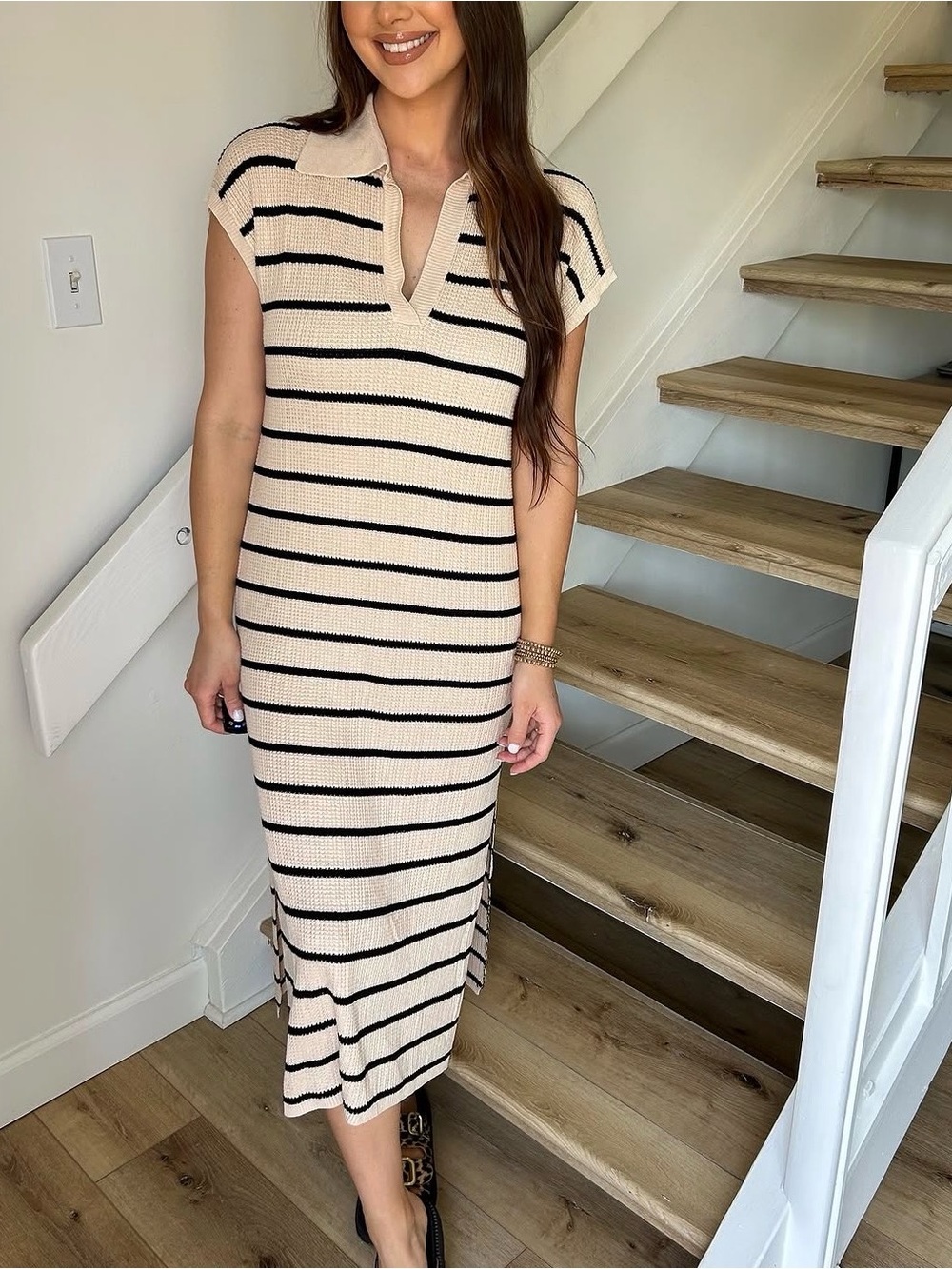 Wishlist Striped Knit Polo Midi Dress in Cream and Black| Small | NWT